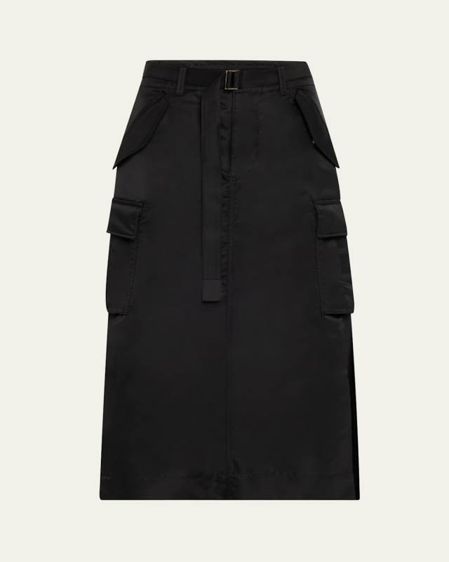 Nylon-Twill Pleated Back Midi Skirt